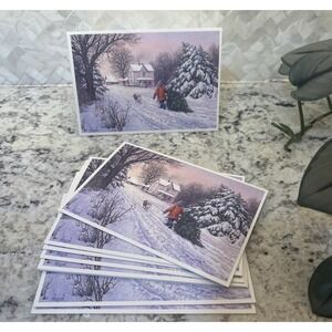 10 NOS Vintage Christmas Card Tree on a Winter Day Hallmark Snow Happy Holiday